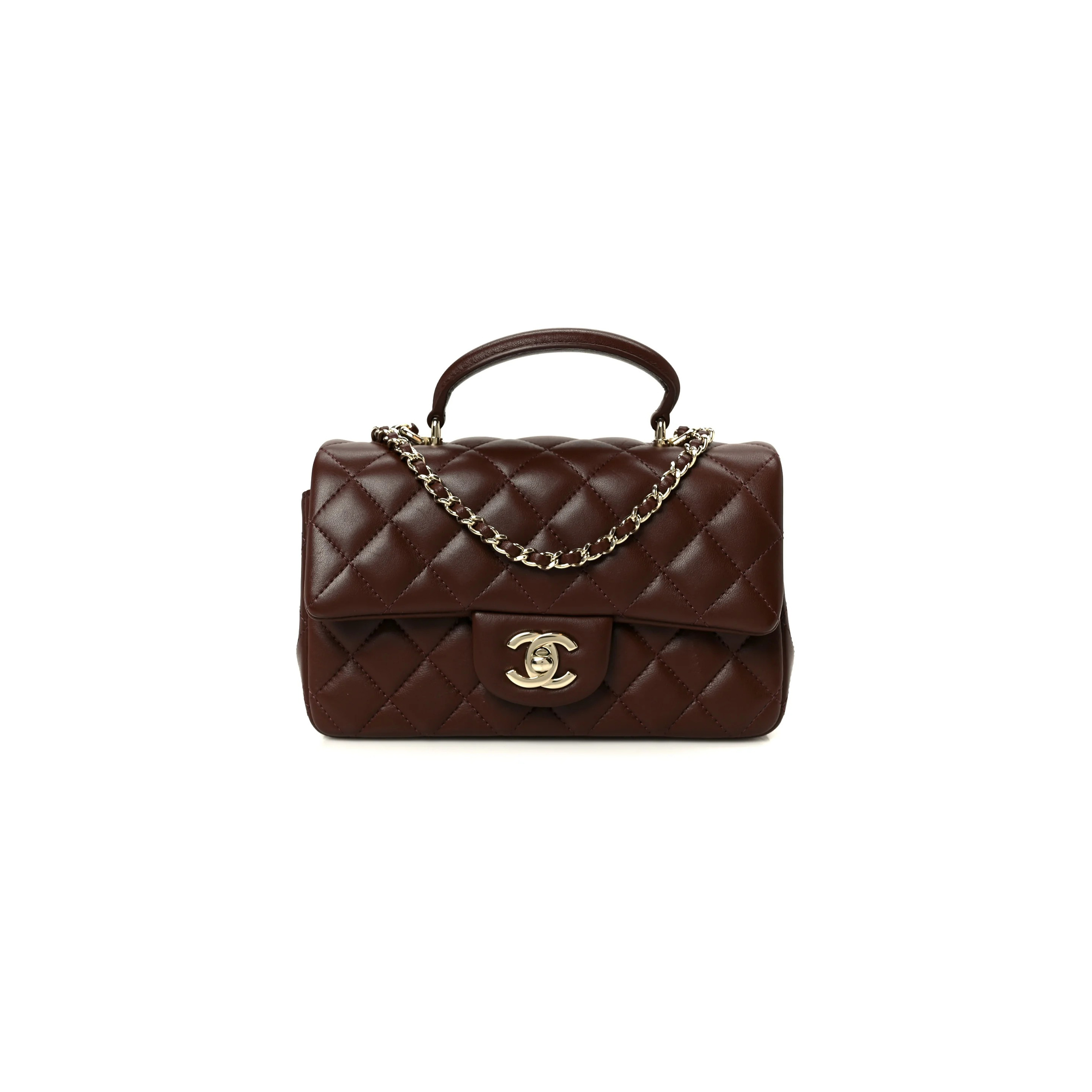 CHANEL LAMBSKIN QUILTED MINI TOP HANDLE RECTANGULAR FLAP DARK BROWN AS2431 (20*12*6cm)
